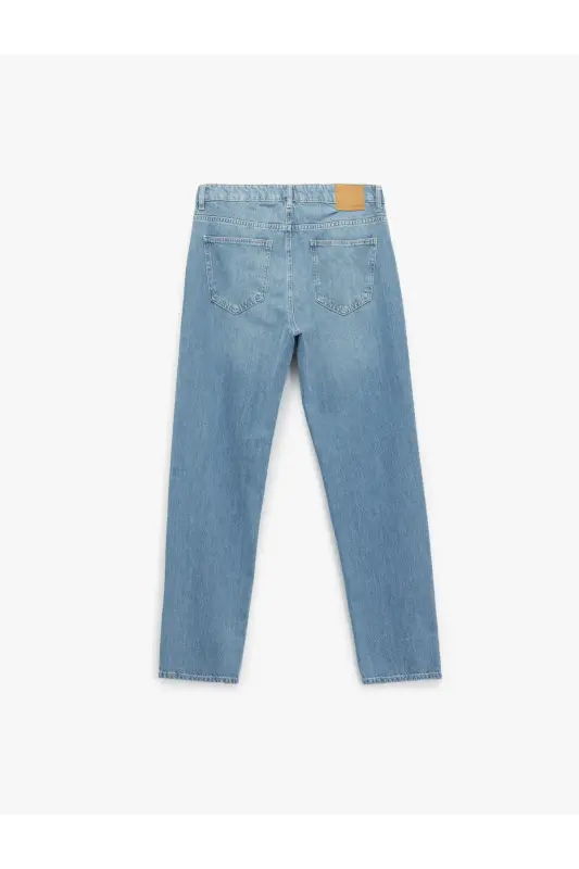 Pamuklu Normal Bel Cep Detaylı Vintage Straight Fit Jean Pantolon-Orta İndigo - 5