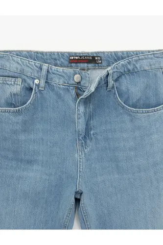 Pamuklu Normal Bel Cep Detaylı Vintage Straight Fit Jean Pantolon-Orta İndigo - 7