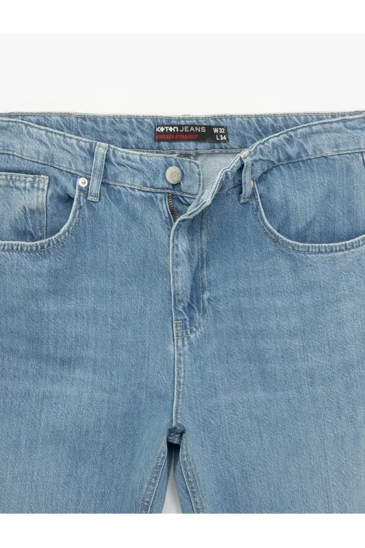 Pamuklu Normal Bel Cep Detaylı Vintage Straight Fit Jean Pantolon-Orta İndigo - 7