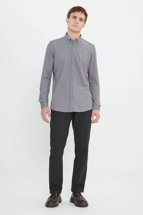 Pamuklu Örme Slim Fit Dar Kesim Düğmeli Yaka Açık Mavi Gömlek-GRİ - 2