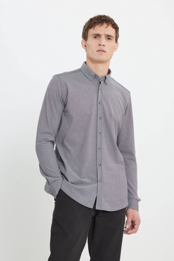 Pamuklu Örme Slim Fit Dar Kesim Düğmeli Yaka Açık Mavi Gömlek-GRİ - 3
