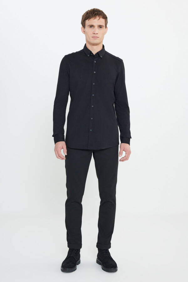 Pamuklu Örme Slim Fit Dar Kesim Düğmeli Yaka Açık Mavi Gömlek-SİYAH - 2