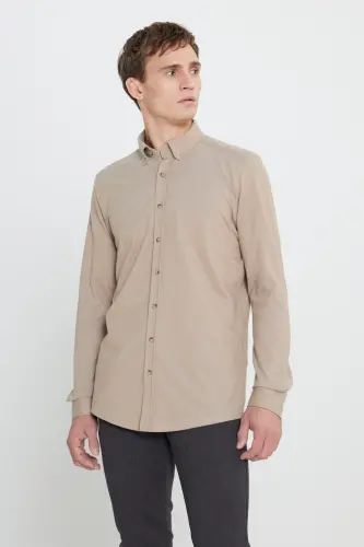 Pamuklu Örme Slim Fit Dar Kesim Düğmeli Yaka Açık Mavi Gömlek - VİZON - 3