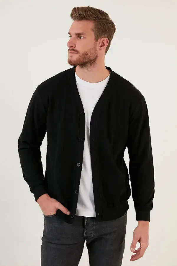 Pamuklu Regular Fit Düğmeli V Yaka Hırka Erkek Hırka 456205-SİYAH - 35