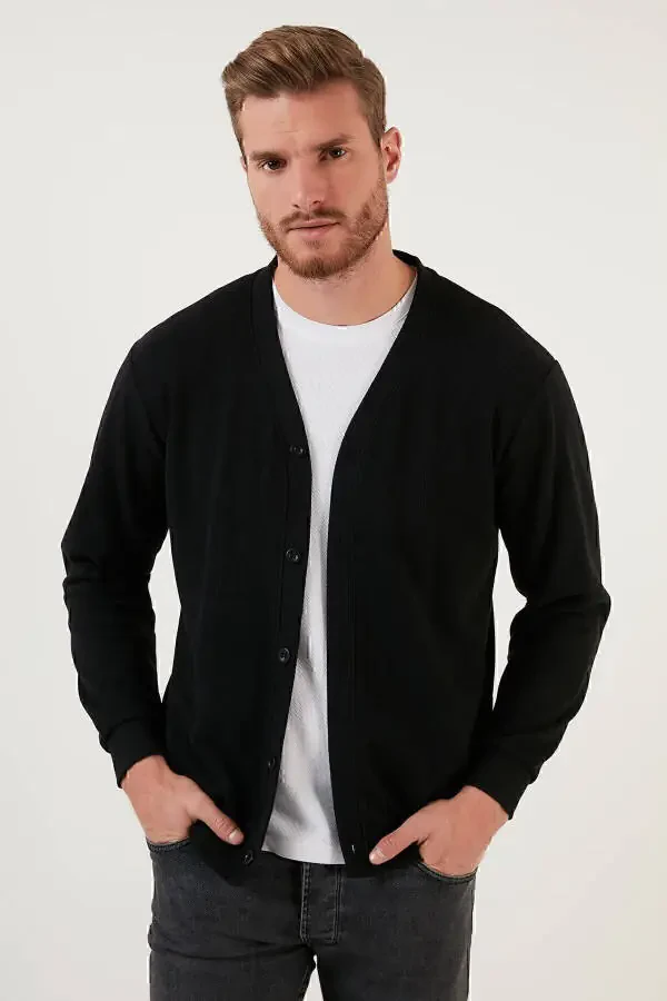 Pamuklu Regular Fit Düğmeli V Yaka Hırka Erkek Hırka 456205-SİYAH - 13