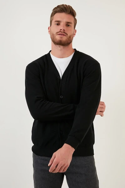 Pamuklu Regular Fit Düğmeli V Yaka Hırka Erkek Hırka 456205-SİYAH - BURATTI (1)