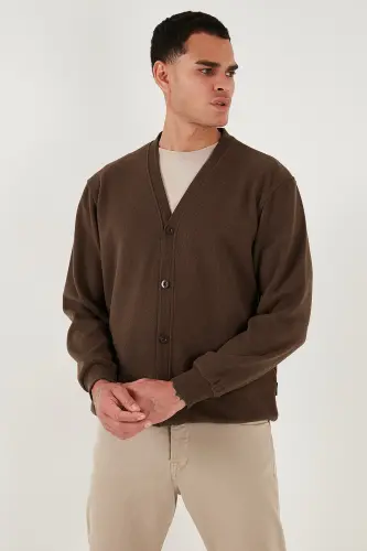 Pamuklu Regular Fit Düğmeli V Yaka Hırka Erkek HIRKA 456205 - KAHVE - 3