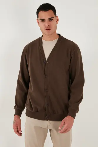 Pamuklu Regular Fit Düğmeli V Yaka Hırka Erkek HIRKA 456205 - KAHVE - 5