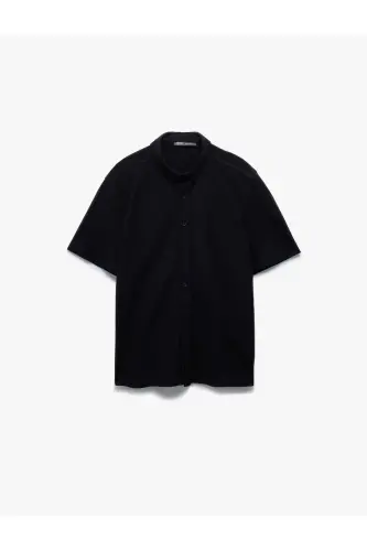 Pamuklu Regular Fit Pike Kumaş Düğmeli Yaka Kısa Kollu Gömlek-Siyah - 3