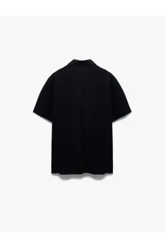 Pamuklu Regular Fit Pike Kumaş Düğmeli Yaka Kısa Kollu Gömlek-Siyah - 4