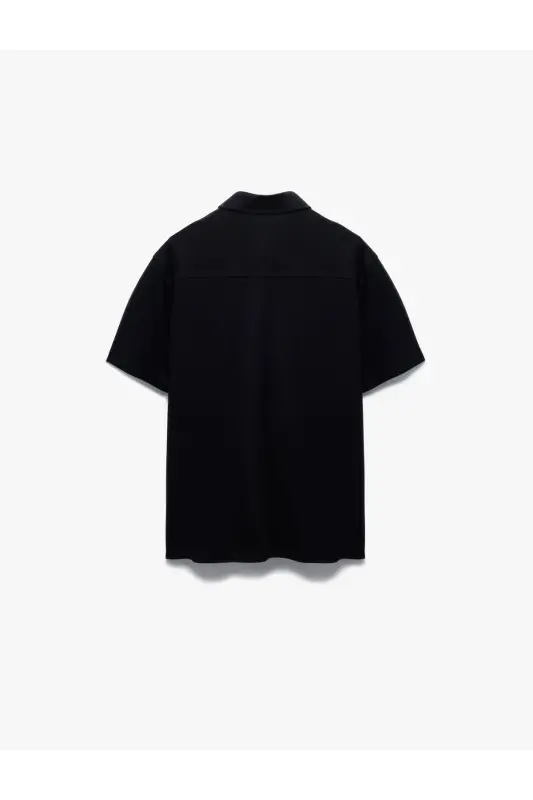 Pamuklu Regular Fit Pike Kumaş Düğmeli Yaka Kısa Kollu Gömlek-Siyah - 4