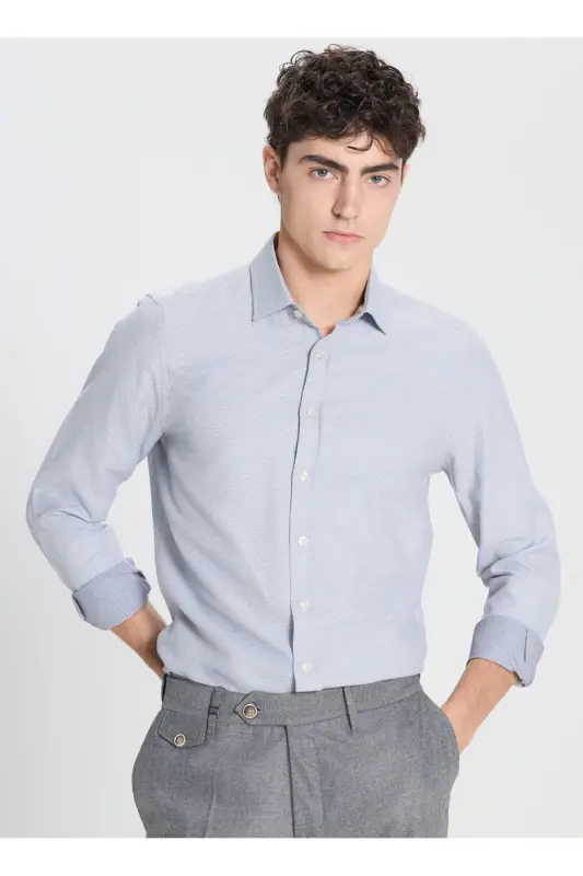 Pamuklu Slim Fit Dar Kesim Klasik Yaka Armürlü Gömlek - Beyaz - Lacivert - ALTINYILDIZ CLASSICS