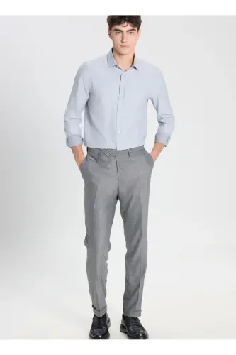 Pamuklu Slim Fit Dar Kesim Klasik Yaka Armürlü Gömlek - Beyaz - Lacivert - ALTINYILDIZ CLASSICS (1)