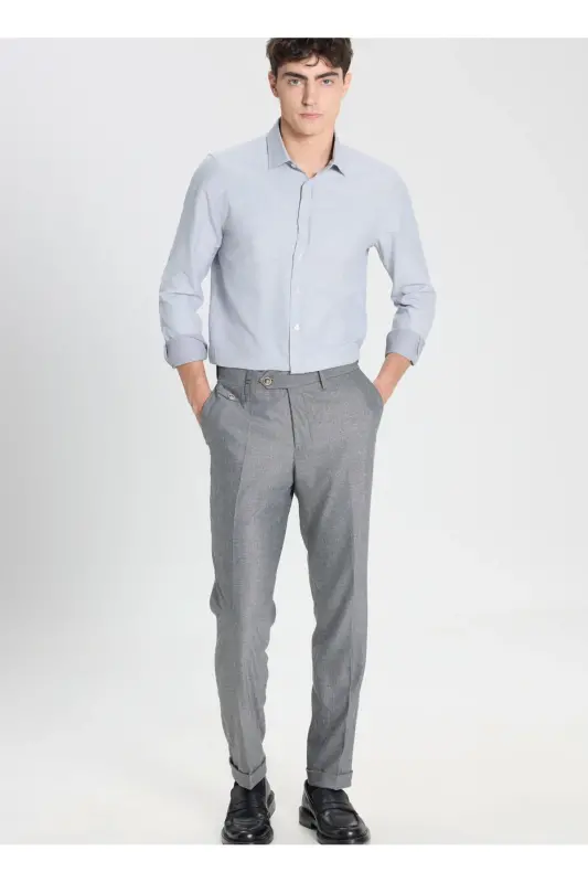 Pamuklu Slim Fit Dar Kesim Klasik Yaka Armürlü Gömlek - Beyaz - Lacivert - 2