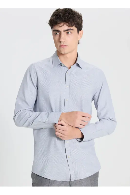 Pamuklu Slim Fit Dar Kesim Klasik Yaka Armürlü Gömlek - Beyaz - Lacivert - 3