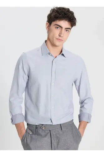 Pamuklu Slim Fit Dar Kesim Klasik Yaka Armürlü Gömlek - Beyaz - Lacivert - 4