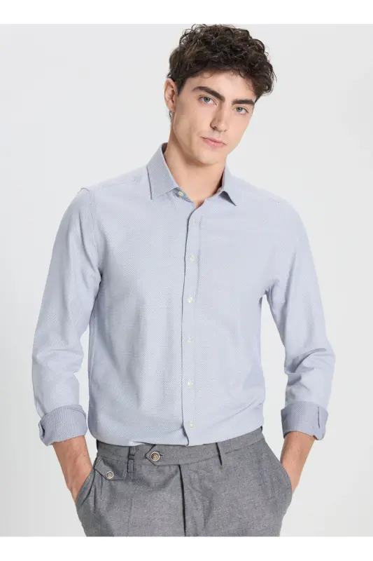 Pamuklu Slim Fit Dar Kesim Klasik Yaka Armürlü Gömlek - Beyaz - Lacivert - 4
