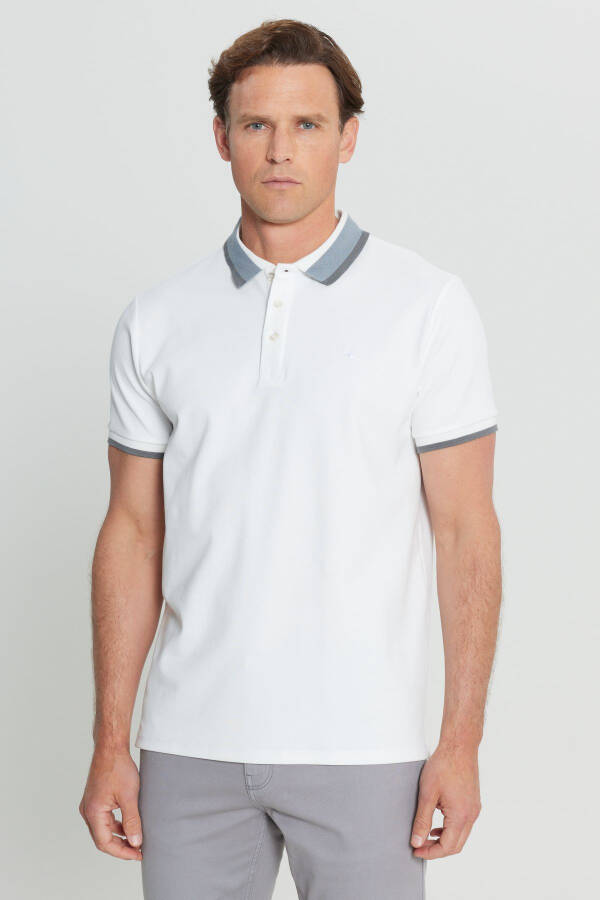 Pamuklu Slim Fit Dar Kesim Polo Yaka Esnek Beyaz Tişört - Beyaz - 3