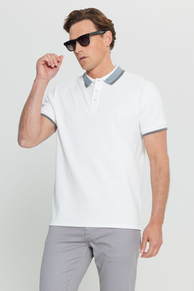 Pamuklu Slim Fit Dar Kesim Polo Yaka Esnek Beyaz Tişört - Beyaz - 5