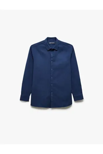 Pamuklu Slim Fit Uzun Kollu İtalyan Yaka Gömlek-Lacivert 