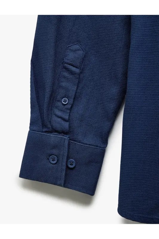 Pamuklu Slim Fit Uzun Kollu İtalyan Yaka Gömlek-Lacivert - 3