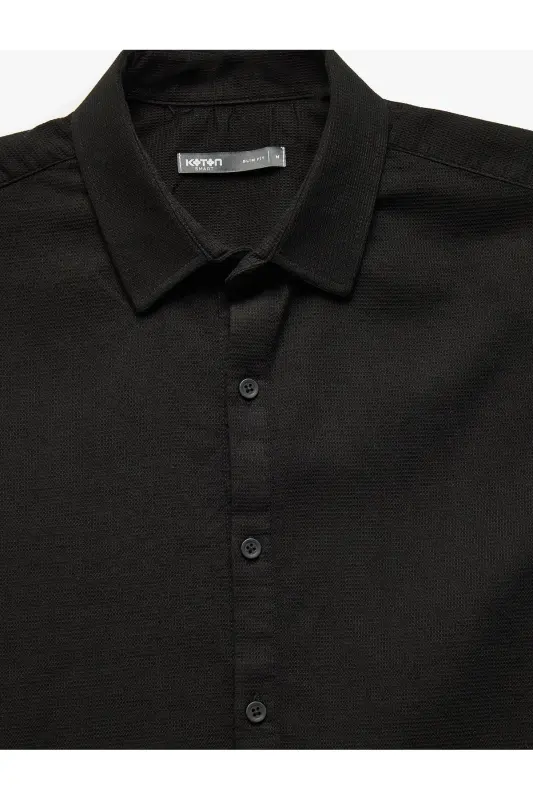 Pamuklu Slim Fit Uzun Kollu İtalyan Yaka Gömlek-Siyah - 3