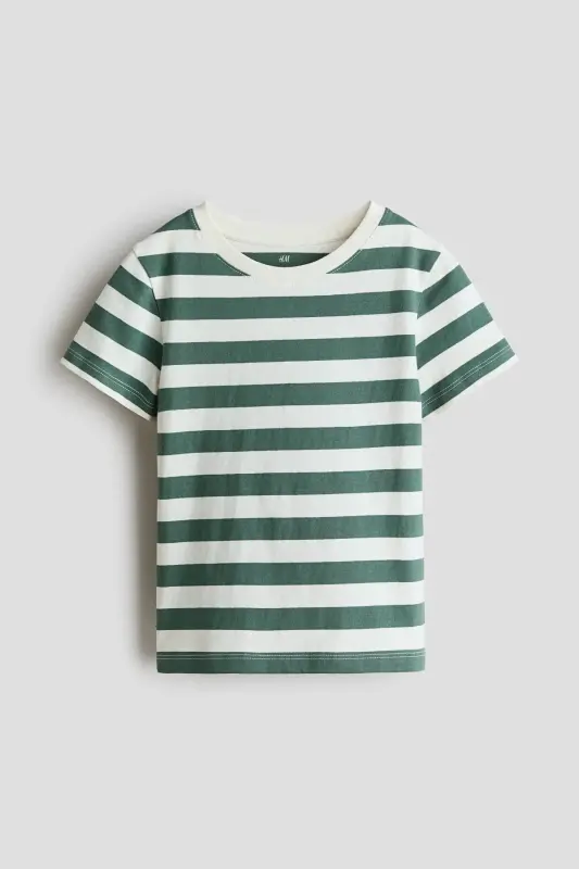 Pamuklu Tişört-Yeşil/Beyaz çizgili - H&M