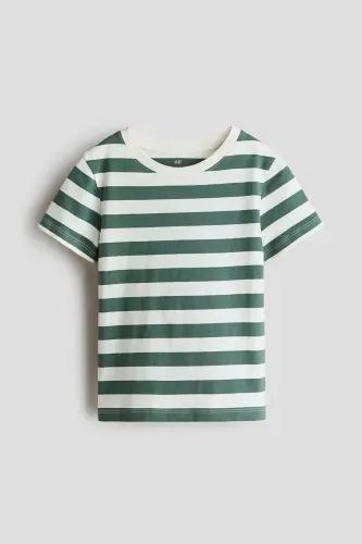 Pamuklu Tişört-Yeşil/Beyaz çizgili 