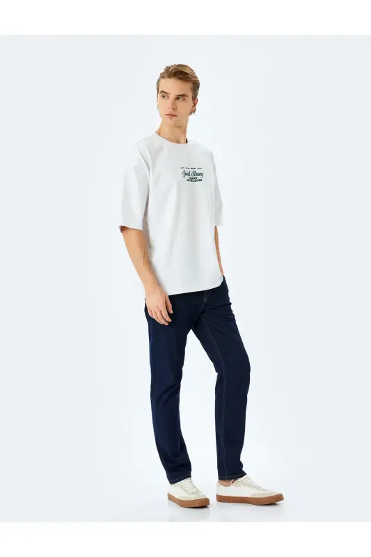 Pamuklu Tok Kumaş Kısa Kollu Bisiklet Yaka Slogan Baskılı Oversize Tişört - Beyaz - 1