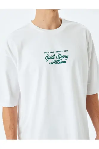 Pamuklu Tok Kumaş Kısa Kollu Bisiklet Yaka Slogan Baskılı Oversize Tişört - Beyaz - 5