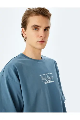 Pamuklu Tok Kumaş Kısa Kollu Bisiklet Yaka Slogan Baskılı Oversize Tişört-Mavi - 2