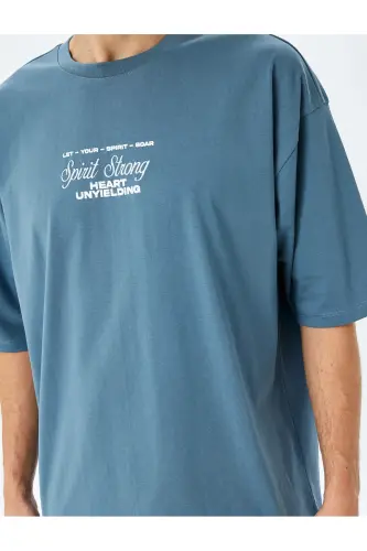 Pamuklu Tok Kumaş Kısa Kollu Bisiklet Yaka Slogan Baskılı Oversize Tişört-Mavi - 5