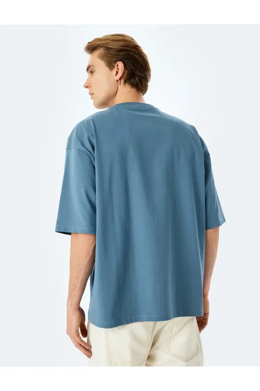 Pamuklu Tok Kumaş Kısa Kollu Bisiklet Yaka Slogan Baskılı Oversize Tişört - Mavi - 4