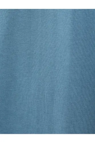 Pamuklu Tok Kumaş Kısa Kollu Bisiklet Yaka Slogan Baskılı Oversize Tişört - Mavi - 6