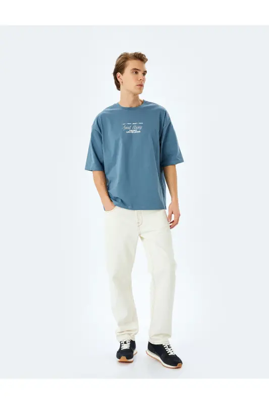 Pamuklu Tok Kumaş Kısa Kollu Bisiklet Yaka Slogan Baskılı Oversize Tişört-Mavi - KOTON