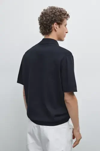 Pamuklu triko kareli polo yaka t-shirt-KOYU LACİVERT - MASSIMO DUTTI (1)