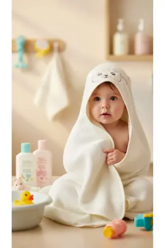 Pamuklu Yumuşacık Kız-erkek Yenidoğan-bebek Banyo Kundak Havlusu Krem/ Kuzu - Krem 