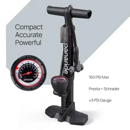 Panaride Compact Bike Floor Pump, Portable Manual Bicycle Tire Inflator, Presta and Schrader Valves, Folding Footrest for Road, Mountain and Stroller Tires - panaride (1)