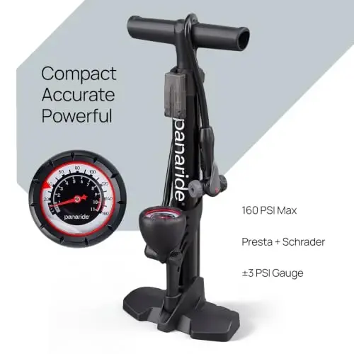 Panaride Compact Bike Floor Pump, Portable Manual Bicycle Tire Inflator, Presta and Schrader Valves, Folding Footrest for Road, Mountain and Stroller Tires - panaride (1)
