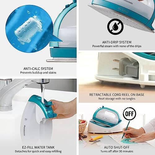 Panasonic Cordless Iron, Portable 360-Degree Freestyle Dry/Steam Iron with Precision Tips and Stainless Steel Soleplate, Anti-Calc and Anti-Drip, Power Base and Carrying/Storage - NI-QL1000G (Teal) - 7