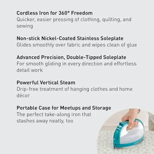 Panasonic Cordless Iron, Portable 360-Degree Freestyle Dry/Steam Iron with Precision Tips and Stainless Steel Soleplate, Anti-Calc and Anti-Drip, Power Base and Carrying/Storage - NI-QL1000G (Teal) - 2