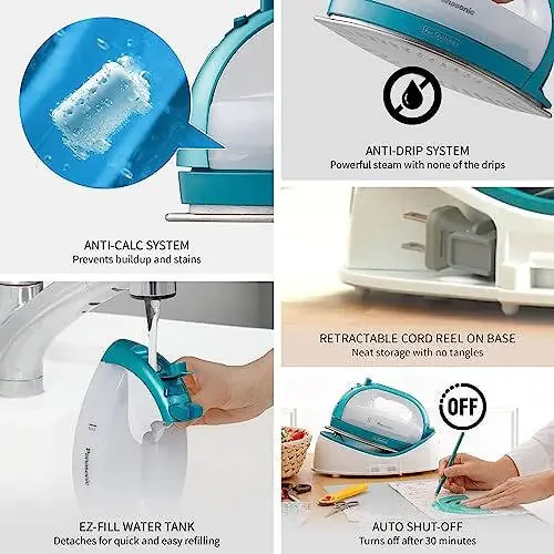 Panasonic Cordless Iron, Portable 360-Degree Freestyle Dry/Steam Iron with Precision Tips and Stainless Steel Soleplate, Anti-Calc and Anti-Drip, Power Base and Carrying/Storage - NI-QL1000G (Teal) - 7