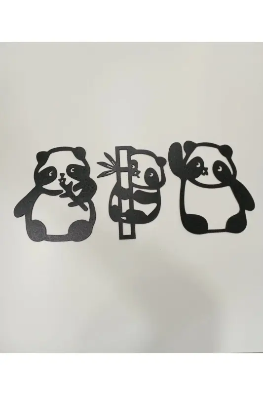 Panda 3lü Duvar Dekoru Siyah Ahşap Lazer Tablo - 4