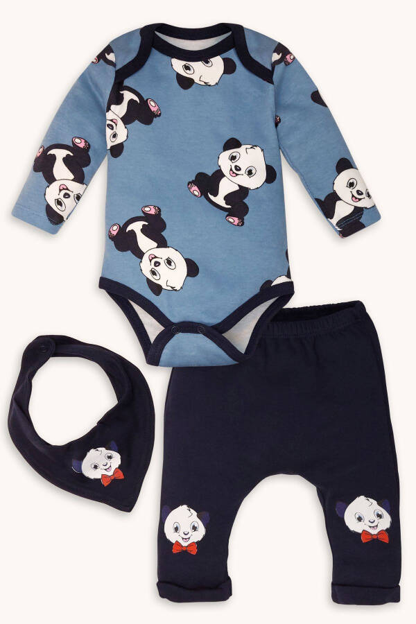 Panda Desenli Önlüklü Alttan Çıtçıtlı Body Ve Pantolon 3'lü Takım - 1