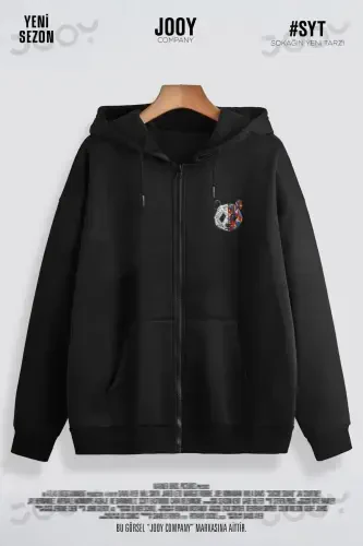 Panda Print Black Seasonal Zippered Hooded Fleece Cardigan Jacket-BLACK8 - 1