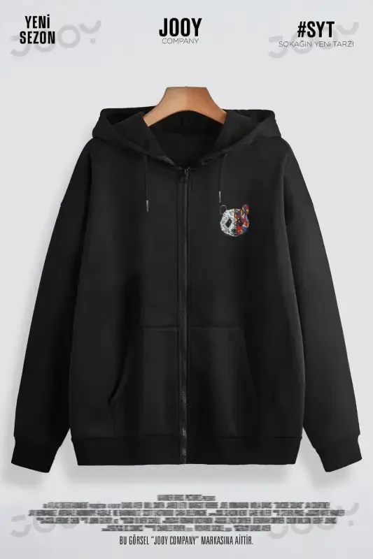 Panda Print Black Seasonal Zippered Hooded Fleece Cardigan Jacket-BLACK8 - JOOY COMPANY