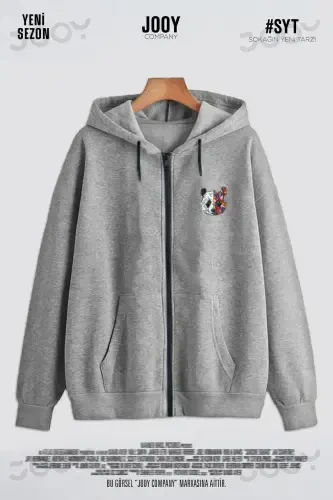 Panda Print Gray Seasonal Zippered Hooded Fleece Cardigan Jacket-GRAY8 - 1