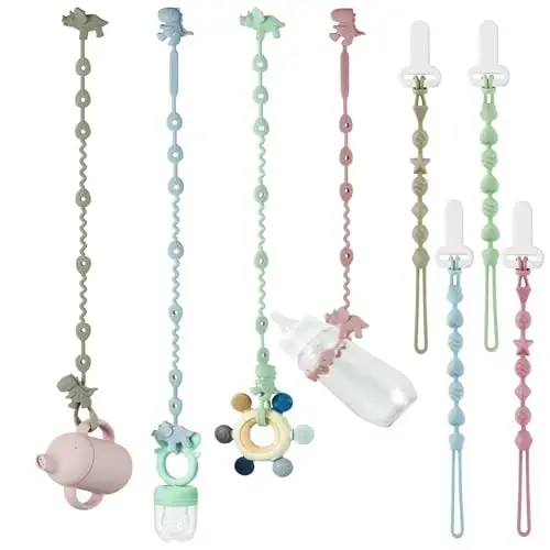 PandaEar 8 dona chaqaloq o'yinchoq tasmalar va silikon emzik qisqichlari, dinozavr silikon emzik tishlash uchun tasmalar va chaqaloq o'g'il va qiz bolalar uchun bir qismli dizaynli emzik ushlagich qisqichlari - 1