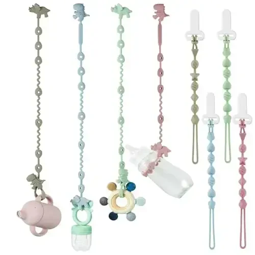 PandaEar 8 Pack Baby Toy Straps & Silicone Pacifier Clips, Dinosaur Silicone Pacifier Teether Harness Straps and Pacifier Holder Clips with One Piece Design for Baby Boys & Girls - 1