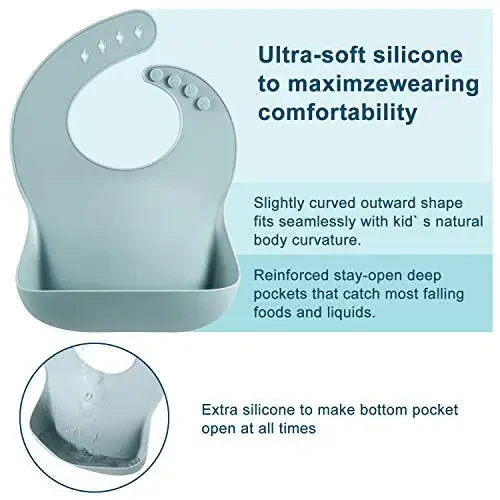 PandaEar Набор из 3 силиконовых детских слюнявчиков Водонепроницаемые, мягкие, унисекс, 10-72 месяцев (коричневый/синий/зеленый) - 2